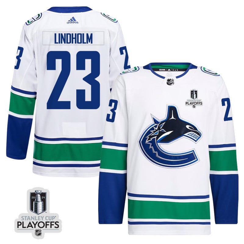 Elias Lindholm 23 Vancouver Canucks 2024 Playoffs Patch Away White NHL Jersey Men's