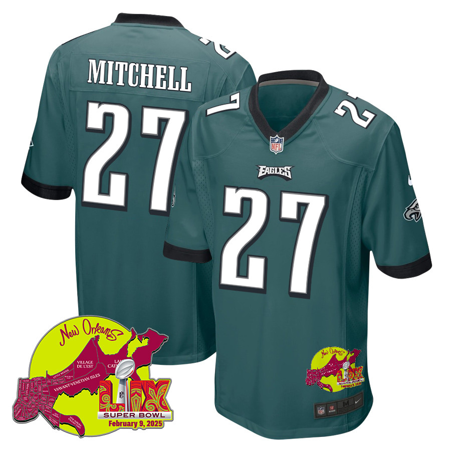 Quinyon Mitchell 27 Philadelphia Eagles Super Bowl LIX New Orleans Patch Game Midnight Green NFL Jersey Men's
