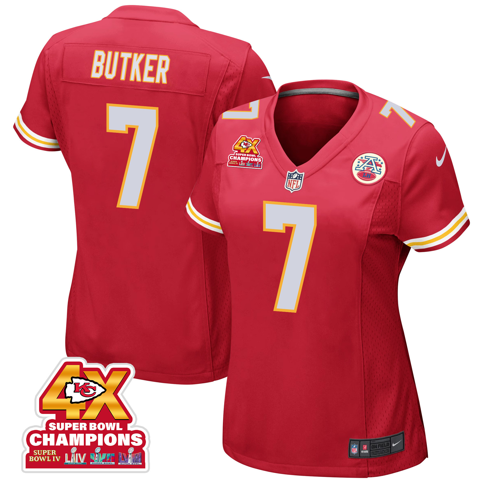 Harrison Butker 7 Kansas City Chiefs Super Bowl LVIII Champions 4X Game Red NFL Jersey Women's