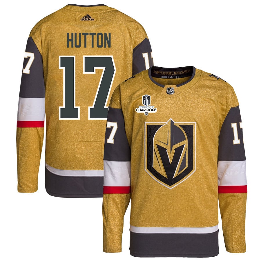 Ben Hutton 17 Vegas Golden Knights Stanley Cup 2023 Champions Patch Home Breakaway Gold NHL Jersey Men's