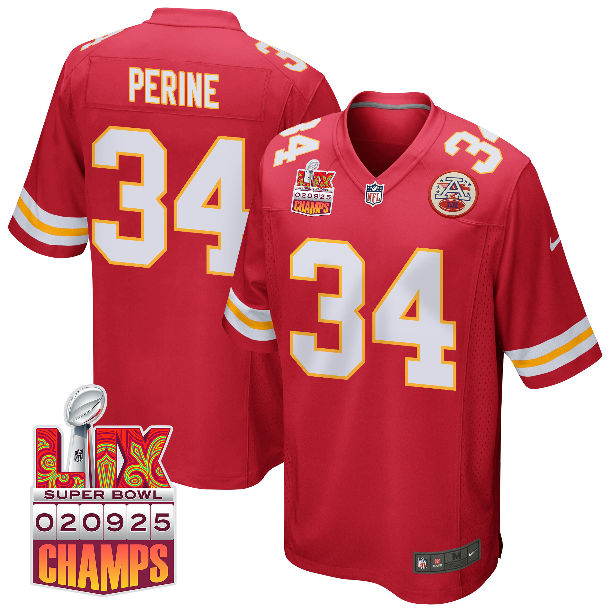 Samaje Perine 34 Kansas City Chiefs Super Bowl LIX Champions Patch Game Red NFL Jersey Men's