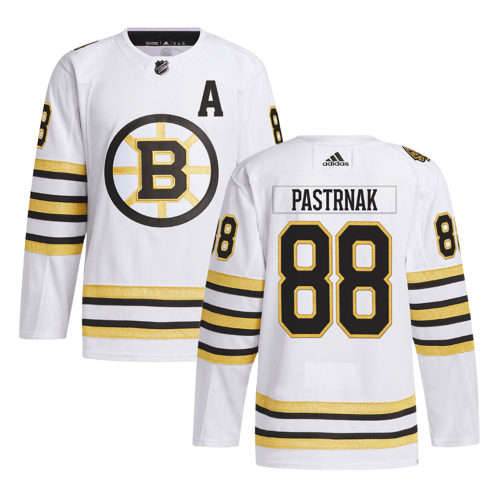 David Pastr??k 88 Boston Bruins 100th Anniversary Primegreen Away White NHL Jersey Men's