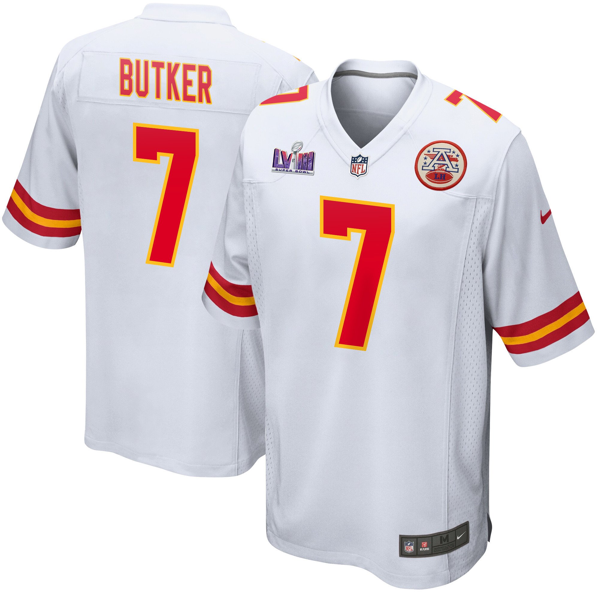 Harrison Butker 7 Kansas City Chiefs Super Bowl LVIII Patch Game White NFL Jersey Men's