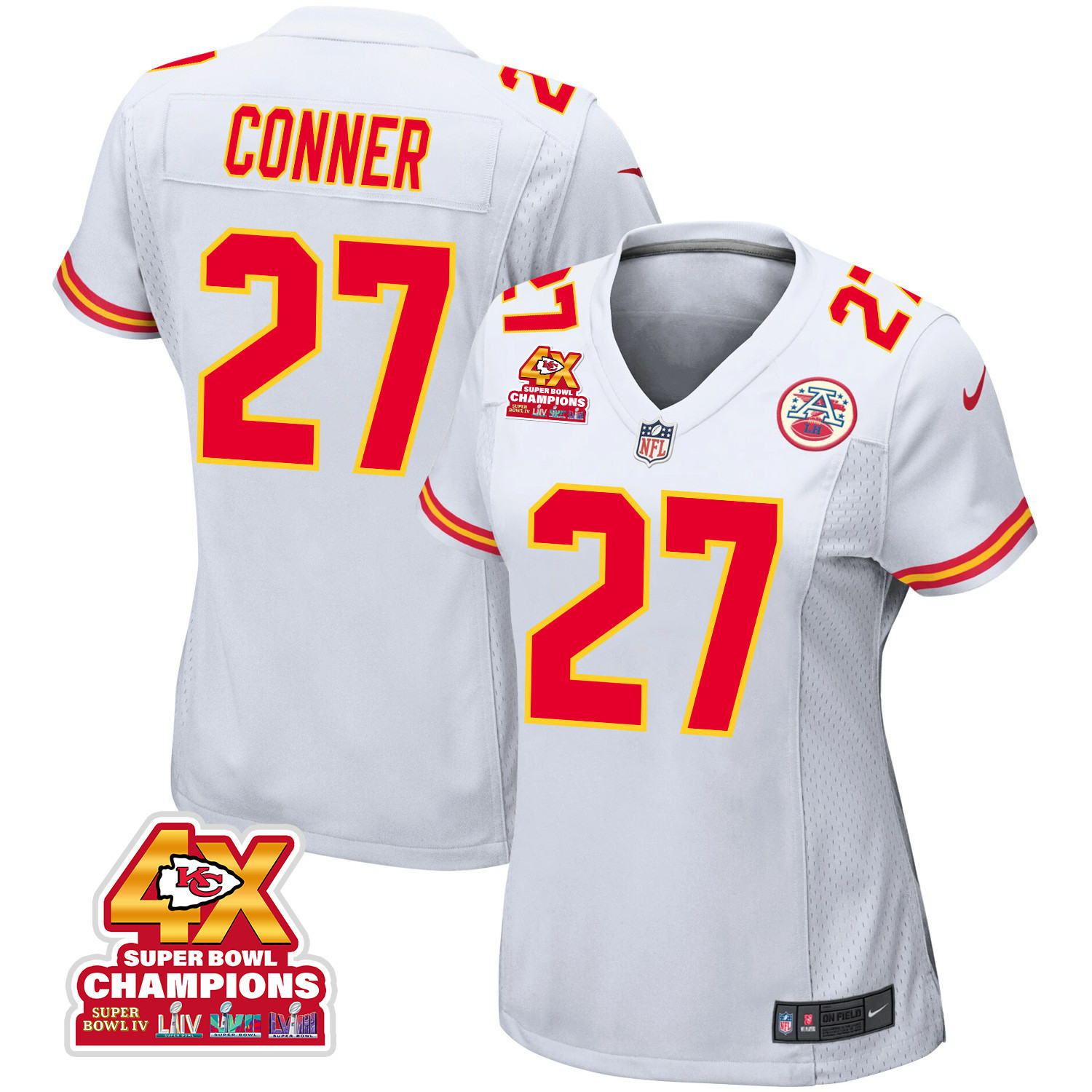 Chamarri Conner 27 Kansas City Chiefs Super Bowl LVIII Champions 4X Game White NFL Jersey Women's