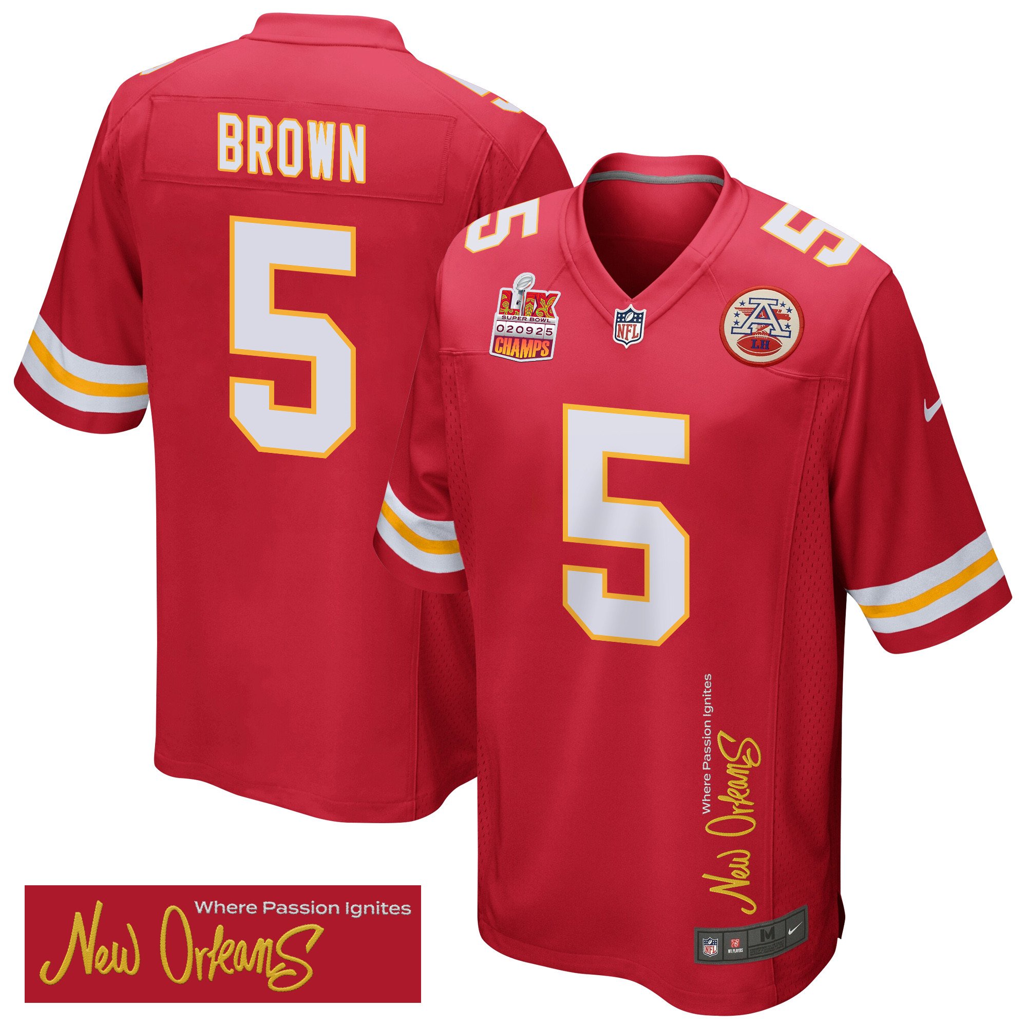 Hollywood Brown 5 Kansas City Chiefs Super Bowl LIX Champions Patch New Orleans Where Passion Ignites' EMBROIDERED Game Red NFL Jersey Men's