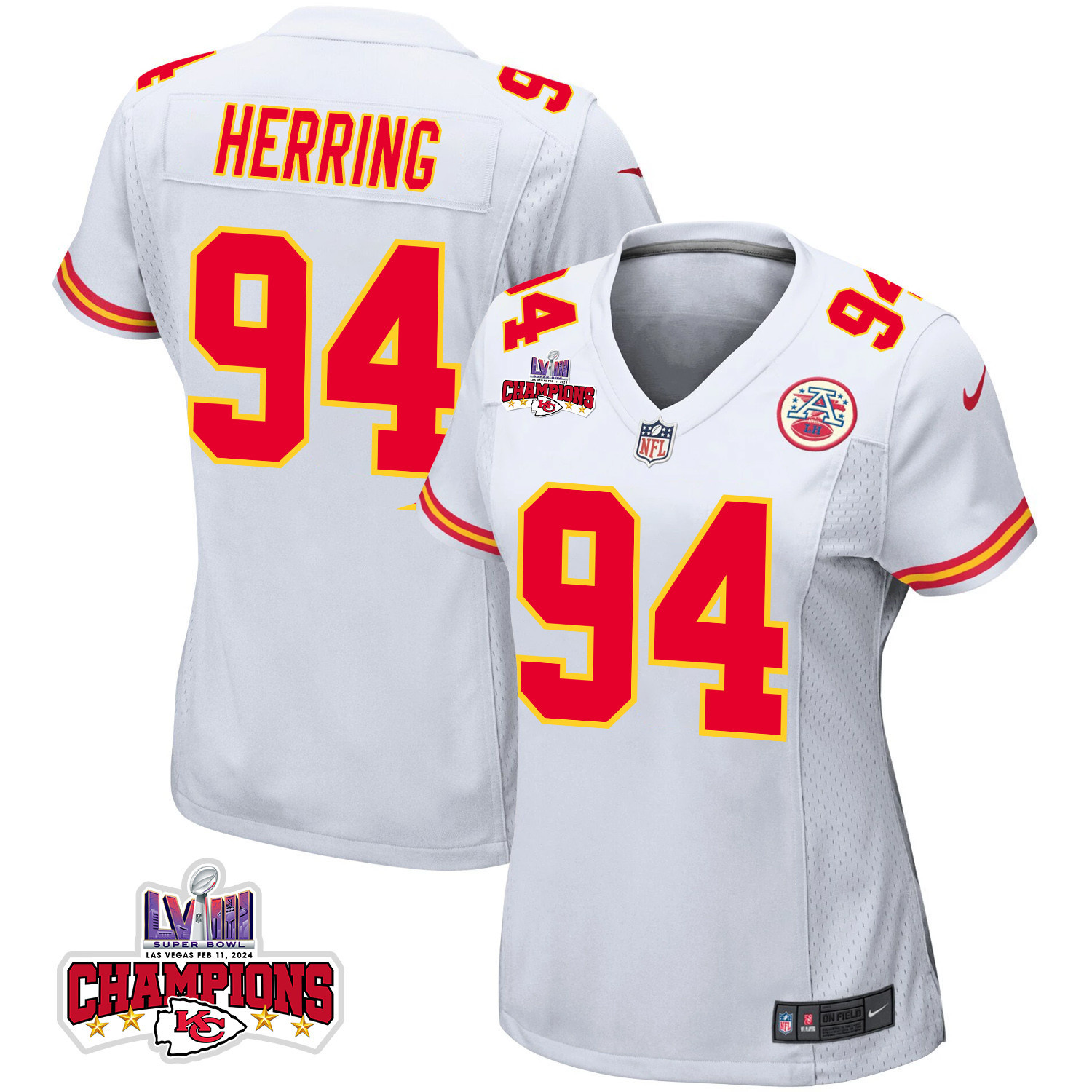 Malik Herring 94 Kansas City Chiefs Super Bowl LVIII Champions 4 Stars Patch Game White NFL Jersey Women's
