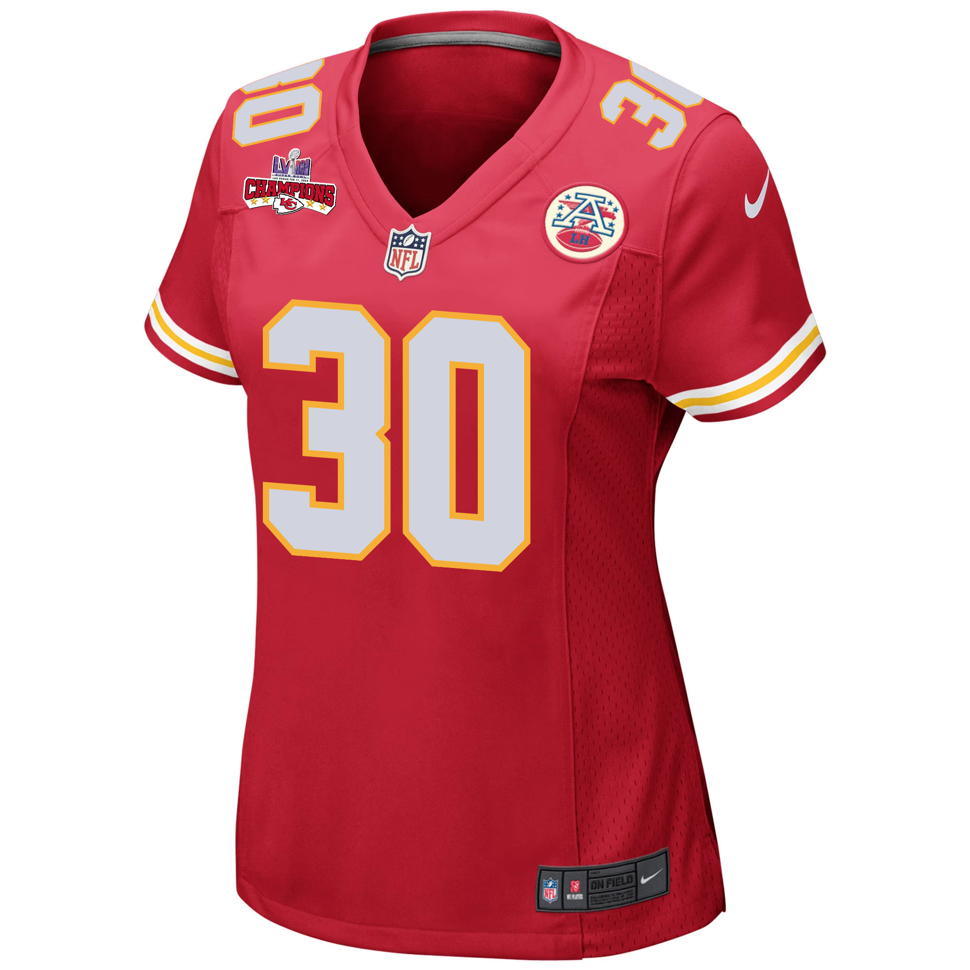 Keaontay Ingram 30 Kansas City Chiefs Super Bowl LVIII Champions 4 Stars Patch Game Red NFL Jersey Women's