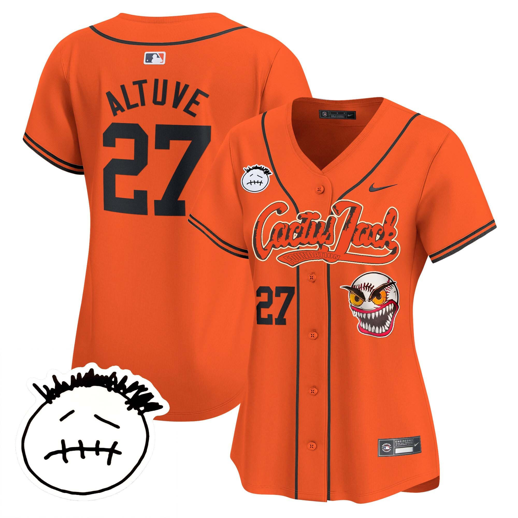 Jose Altuve 27 Houston Astros Cactus Jack Patch V3 Orange MLB Jersey Women's