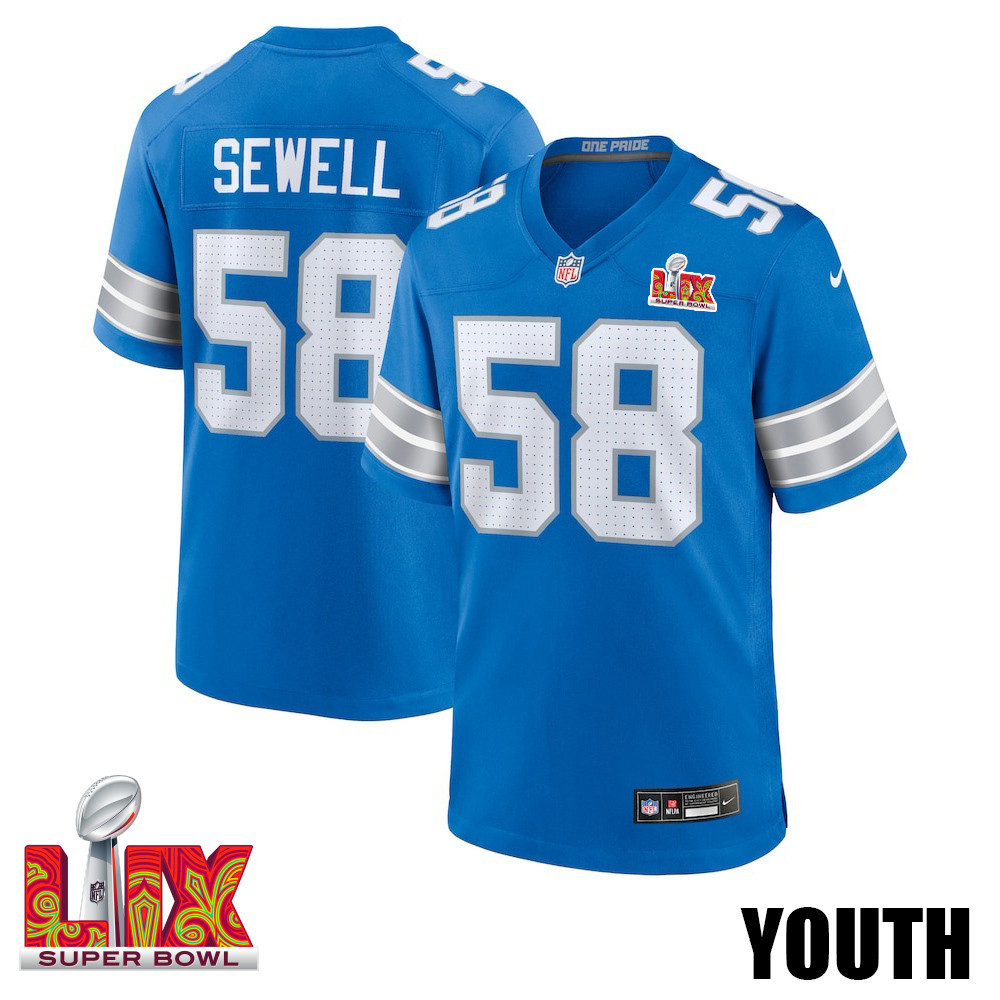 Penei Sewell #58 Detroit Lions Super Bowl LIX Blue NFL Jersey Youth