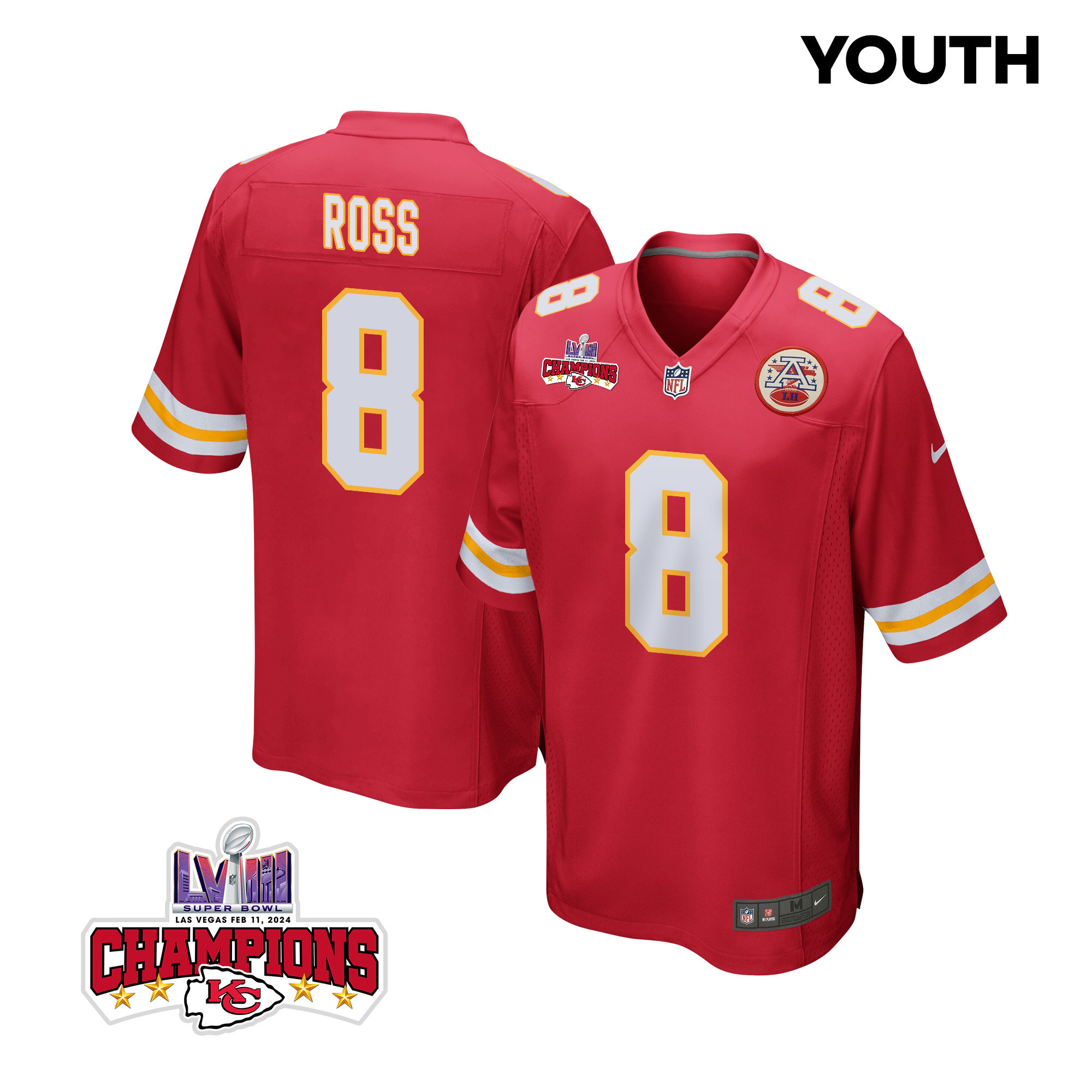 Justyn Ross 8 Kansas City Chiefs Super Bowl LVIII Champions 4 Stars Patch Game Red NFL Jersey Youth
