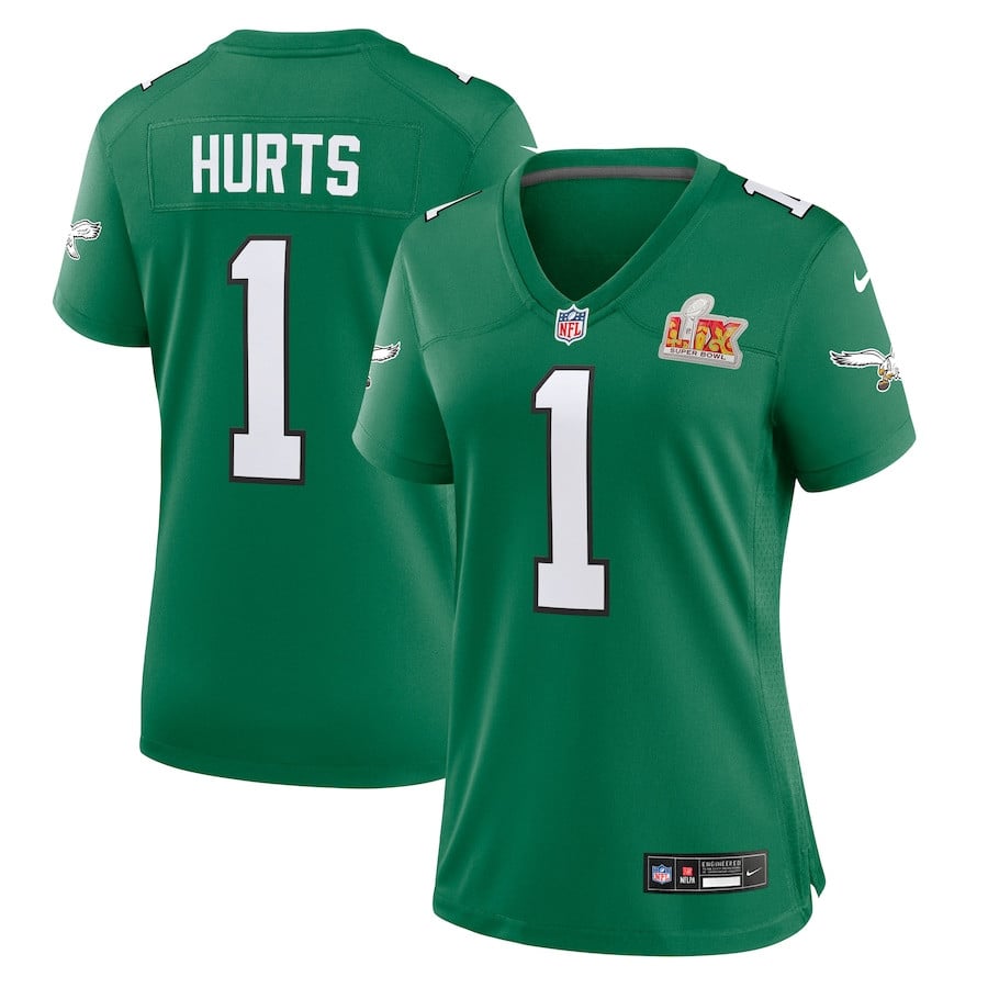 Jalen Hurts 1 Philadelphia Eagles Super Bowl LIX 2nd Alternate Game Kelly Green NFL Jersey Women's