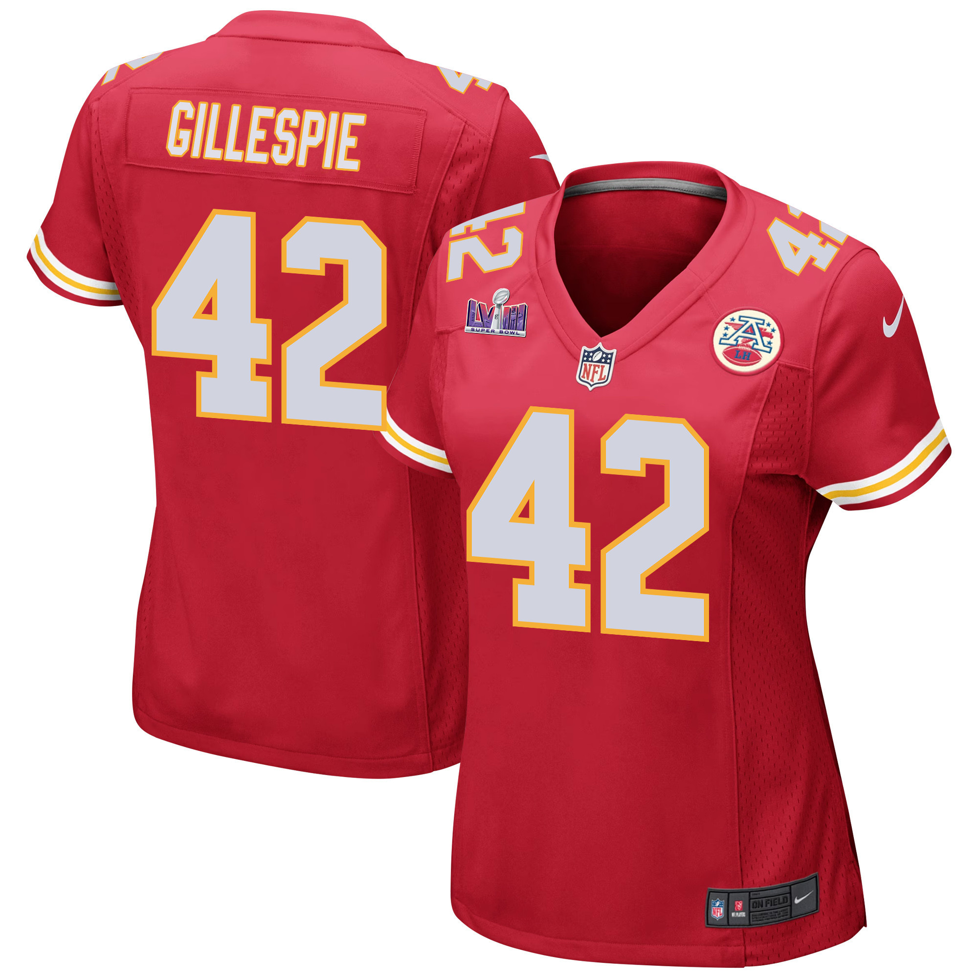 Tyree Gillespie 42 Kansas City Chiefs Super Bowl LVIII Patch Game Red NFL Jersey Women's