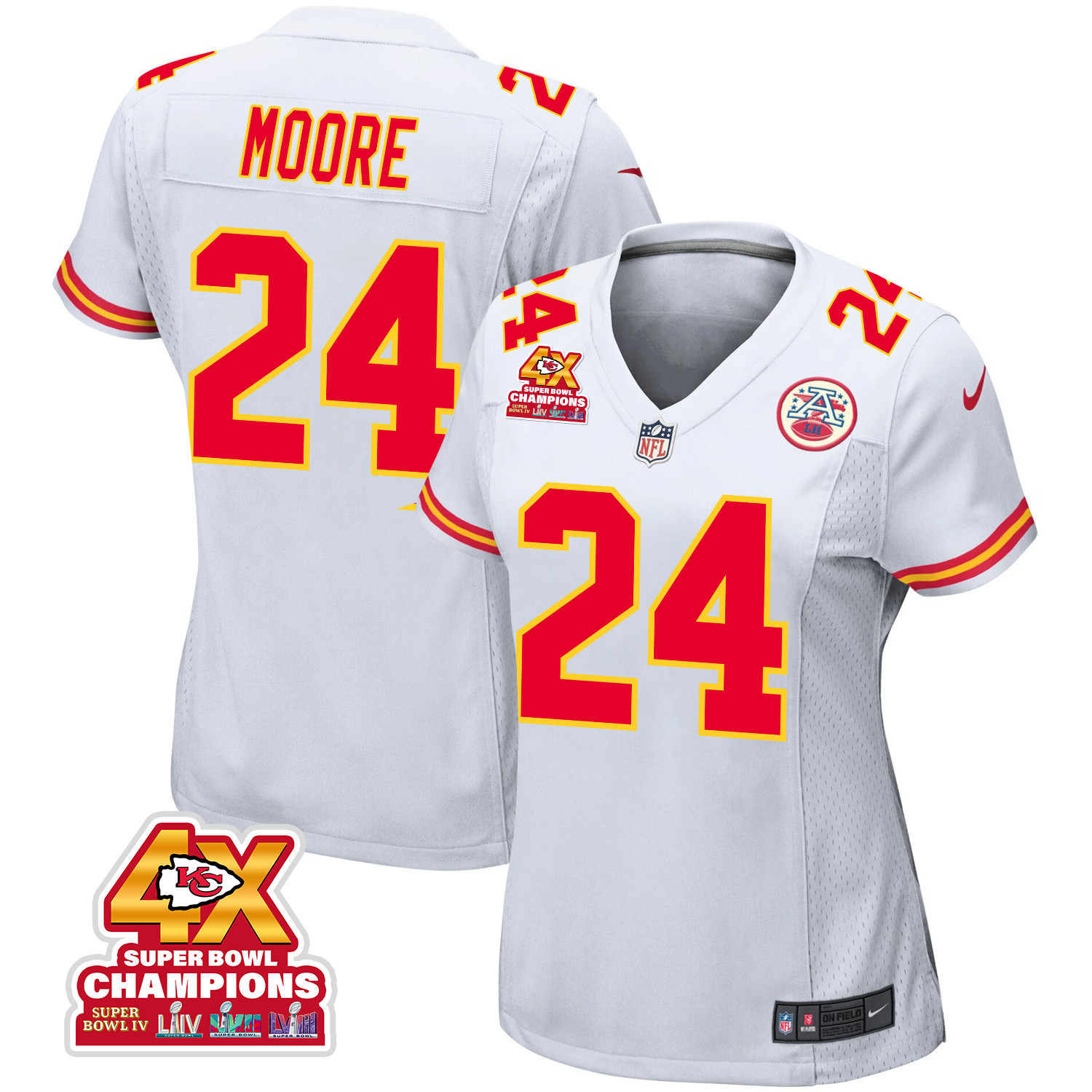 Skyy Moore 24 Kansas City Chiefs Super Bowl LVIII Champions 4X Game White NFL Jersey Women's