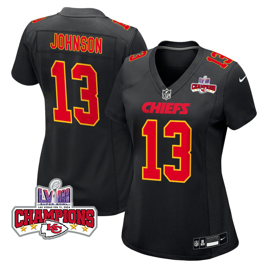 Nazeeh Johnson 13 Kansas City Chiefs Super Bowl LVIII Champions 4 Stars Patch Fashion Game Carbon Black NFL Jersey Women's