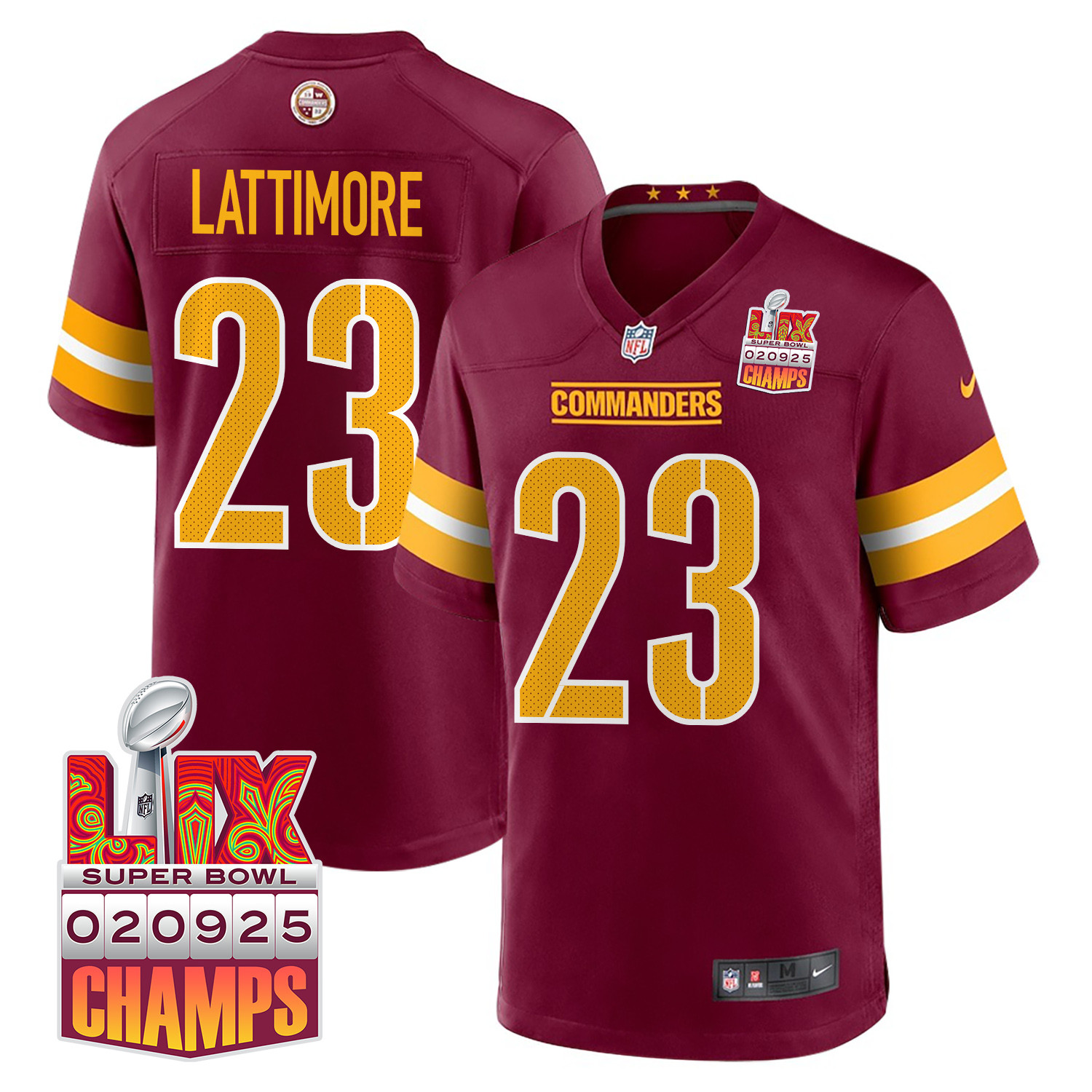 Marshon Lattimore 23 Washington Commanders Super Bowl LIX Champions Patch Game Burgundy NFL Jersey Men's