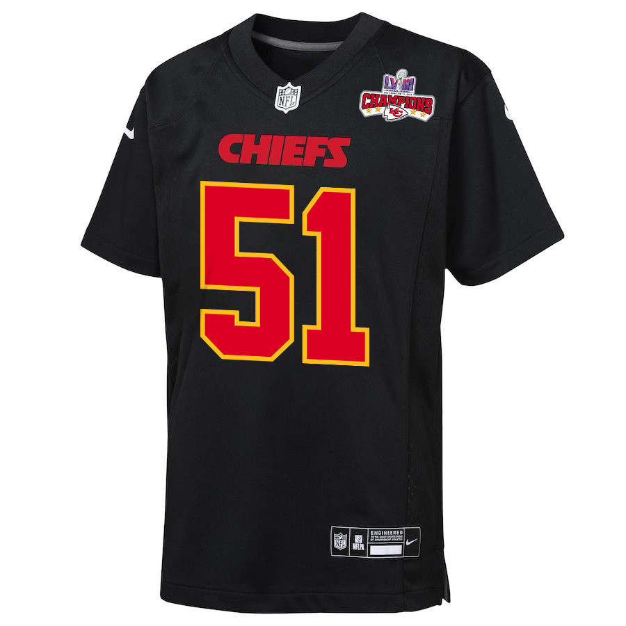 Mike Danna 51 Kansas City Chiefs Super Bowl LVIII Champions 4 Stars Patch Fashion Game Carbon Black NFL Jersey Youth
