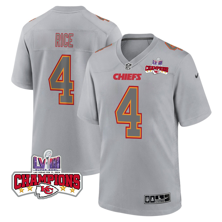 Rashee Rice 4 Kansas City Chiefs Super Bowl LVIII Champions 4 Stars Patch Atmosphere Fashion Game Gray NFL Jersey Men's