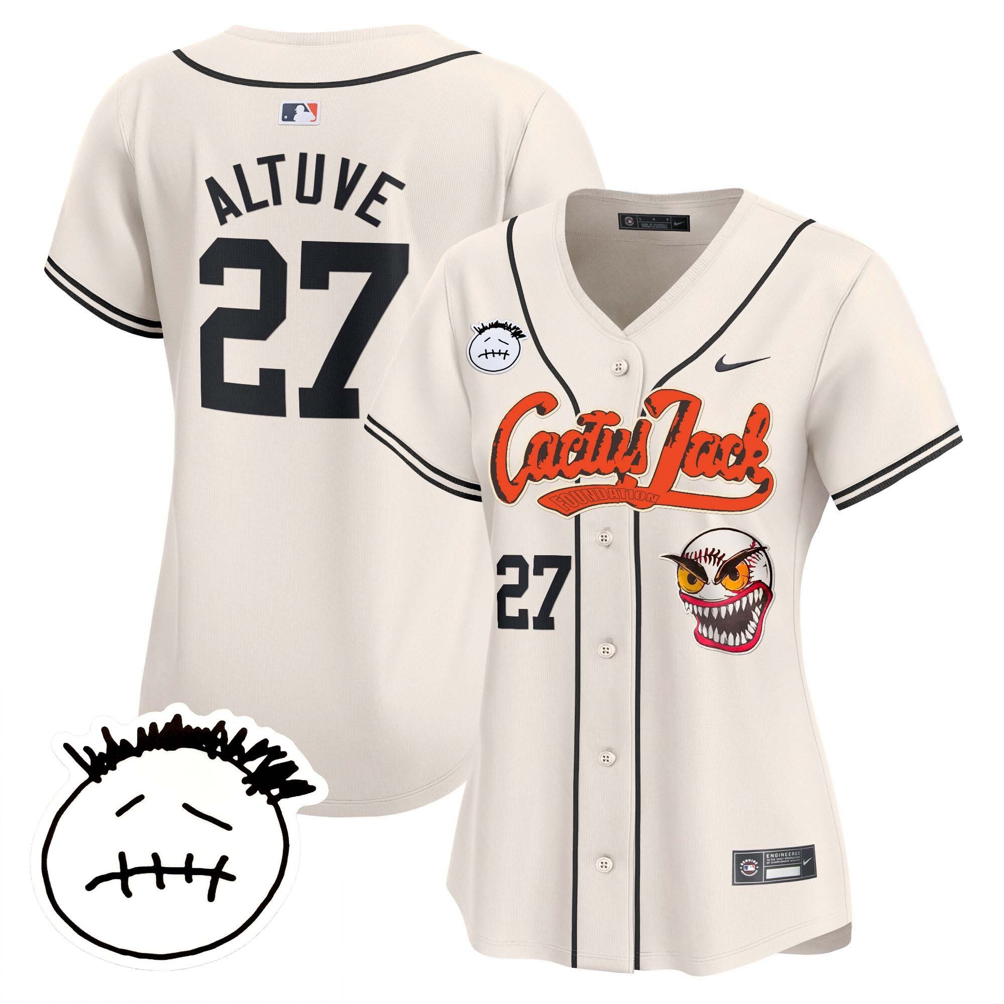 Jose Altuve 27 Houston Astros Cactus Jack Patch V3 Cream MLB Jersey Women's
