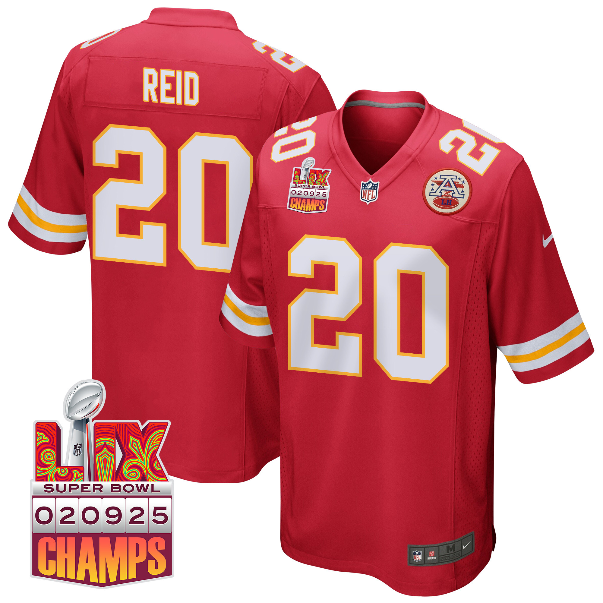 Justin Reid 20 Kansas City Chiefs Super Bowl LIX Champions Patch Game Red NFL Jersey Men's