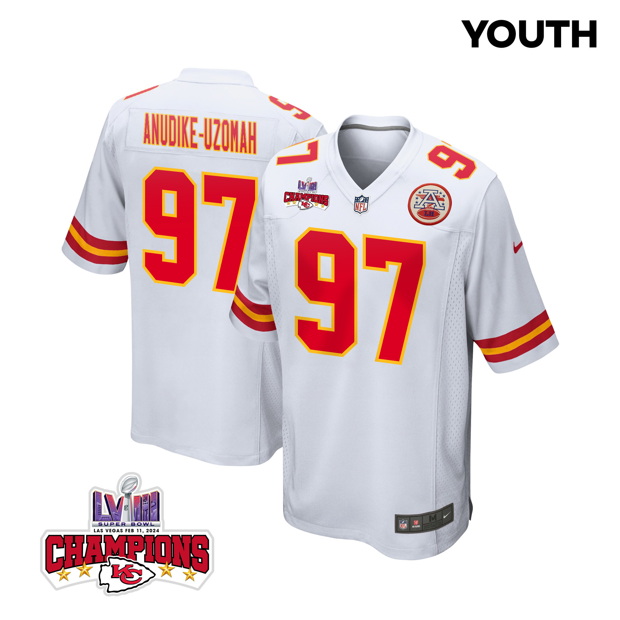 Felix Anudike-Uzomah 97 Kansas City Chiefs Super Bowl LVIII Champions 4 Stars Patch Game White NFL Jersey Youth