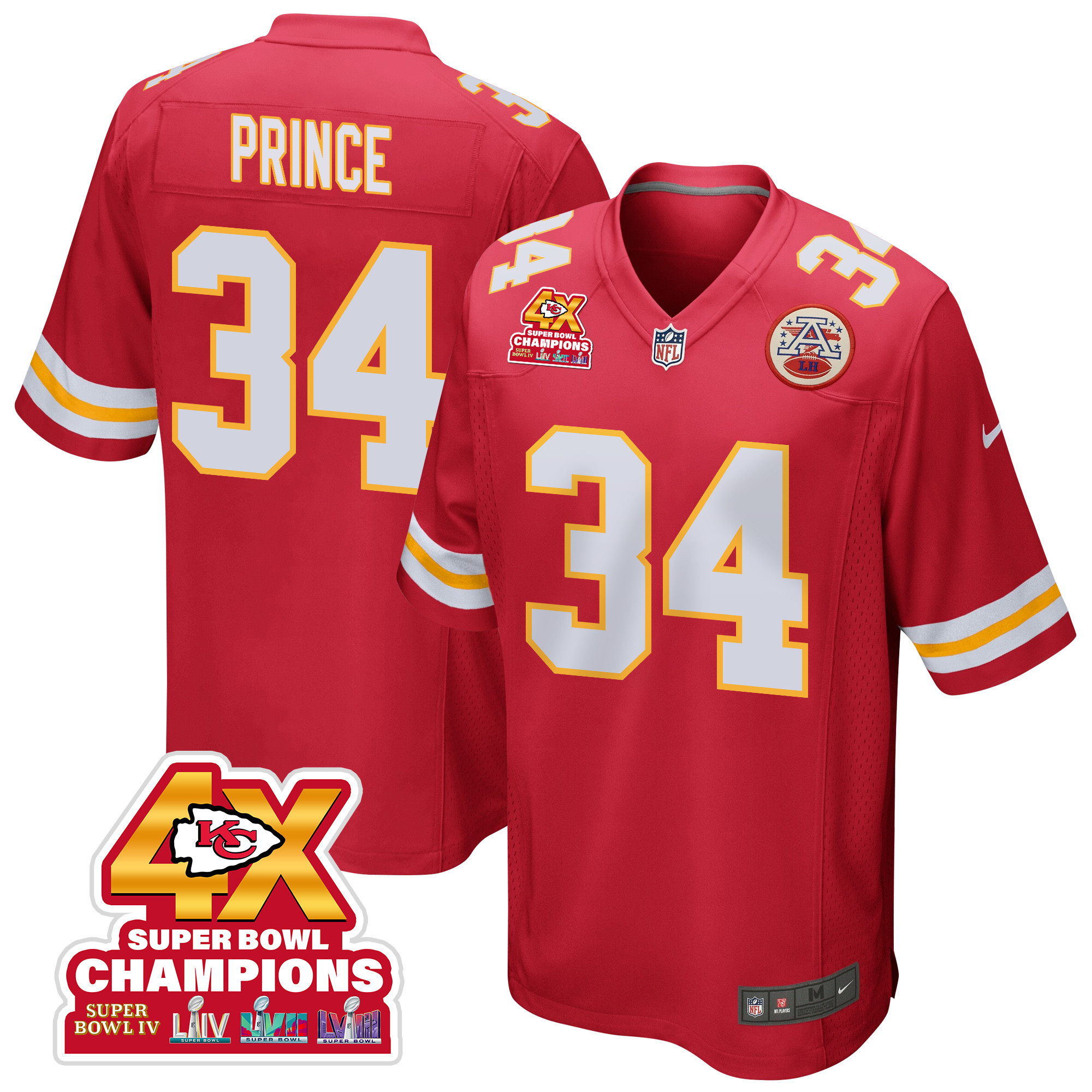 Deneric Prince 34 Kansas City Chiefs Super Bowl LVIII Champions 4X Game Red NFL Jersey Men's