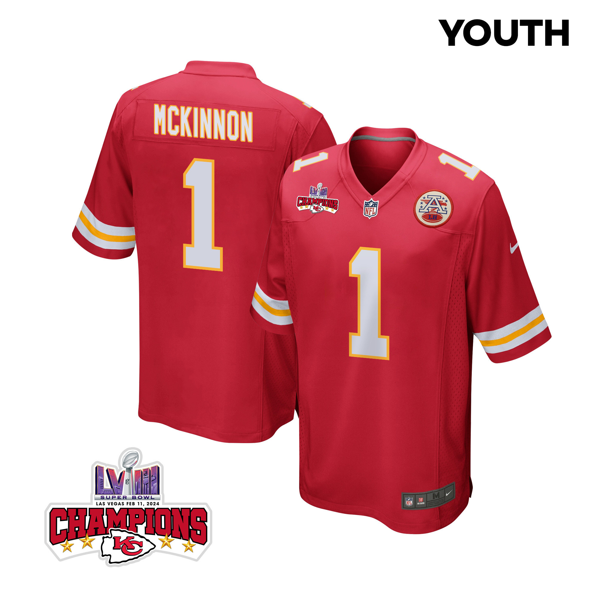 Jerick McKinnon 1 Kansas City Chiefs Super Bowl LVIII Champions 4 Stars Patch Game Red NFL Jersey Youth