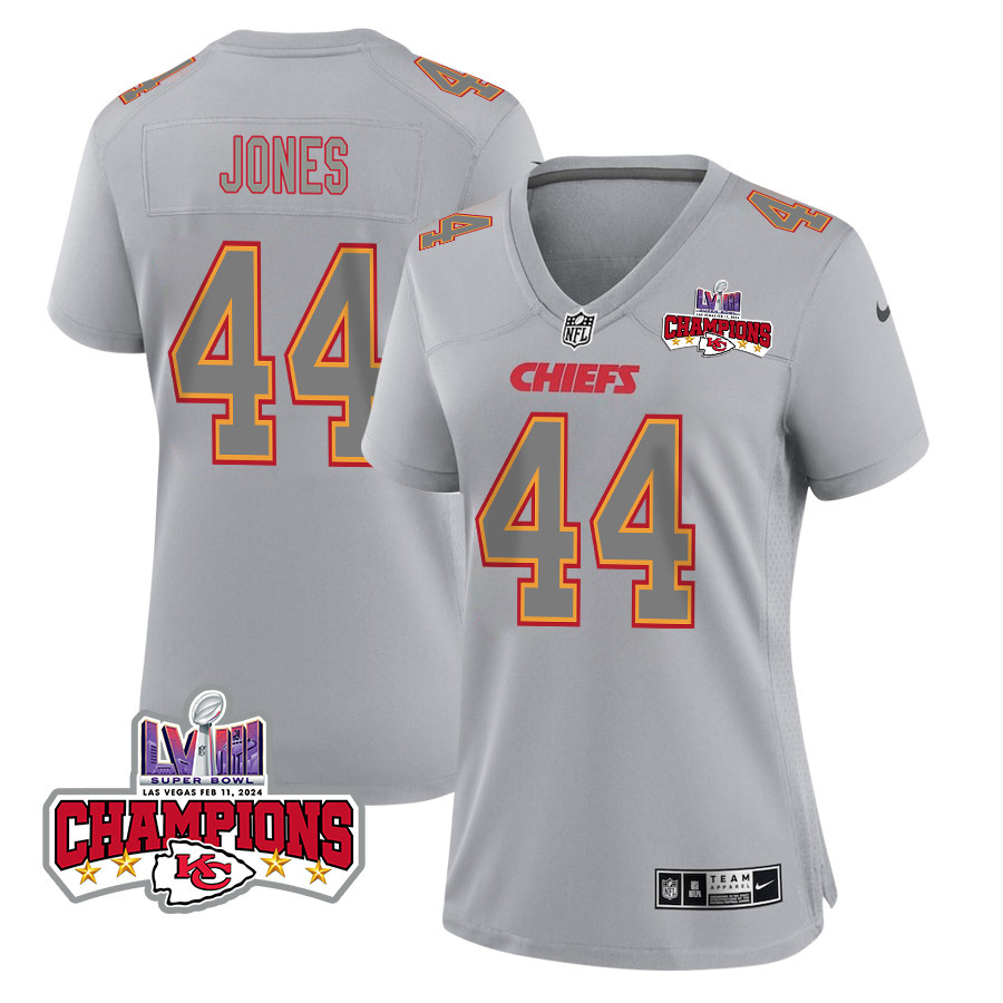 Cam Jones 44 Kansas City Chiefs Super Bowl LVIII Champions 4 Stars Patch Atmosphere Fashion Game Gray NFL Jersey Women's