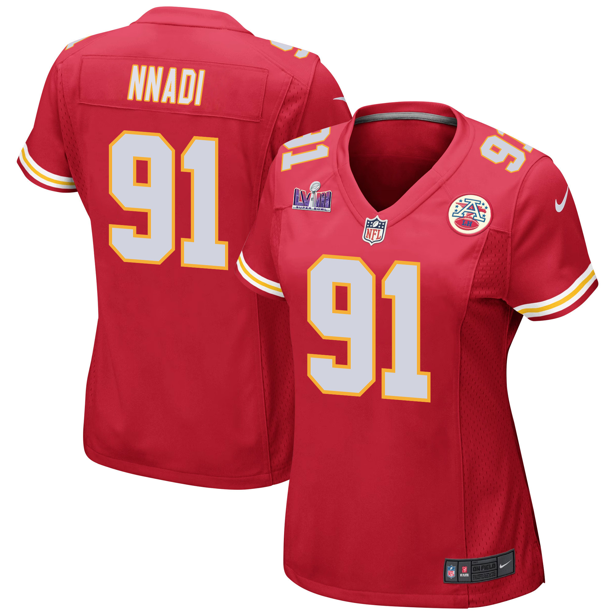 Derrick Nnadi 91 Kansas City Chiefs Super Bowl LVIII Patch Game Red NFL Jersey Women's