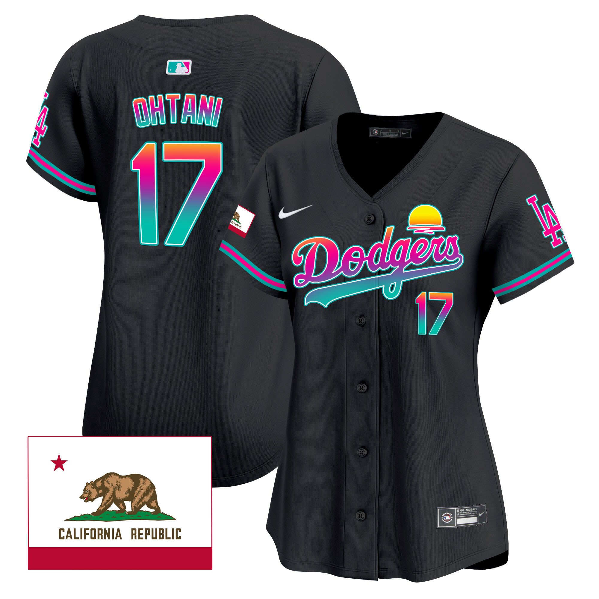 Shohei Ohtani 17 Los Angeles Dodgers 2024 Los Angeles City Style California Republic Patch Black MLB Jersey Women's