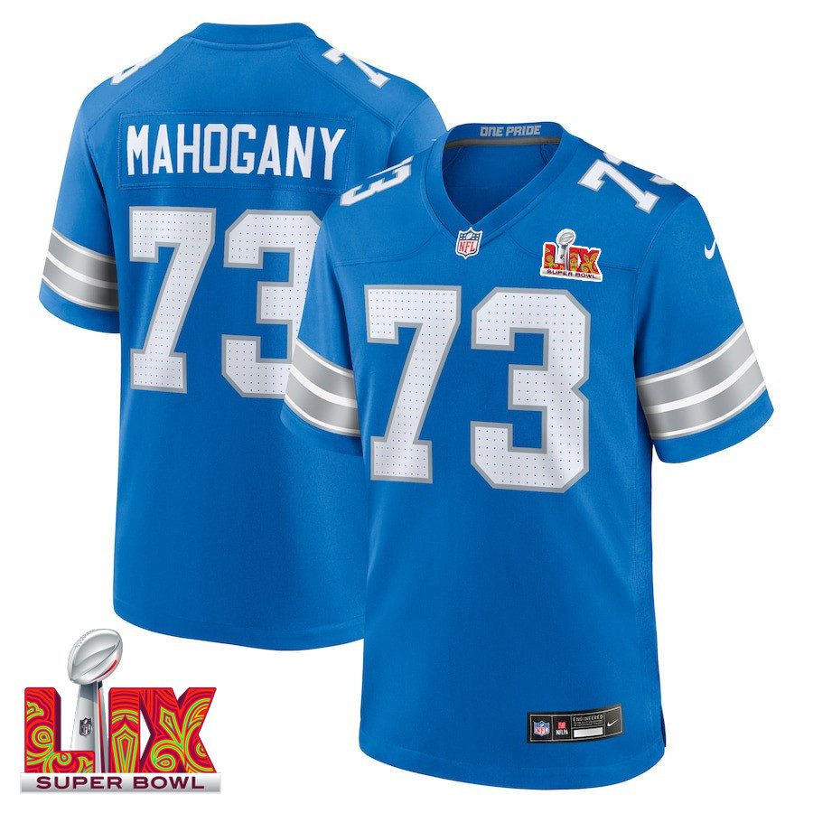 Christian Mahogany #73 Detroit Lions Super Bowl LIX Blue NFL Jersey Men's