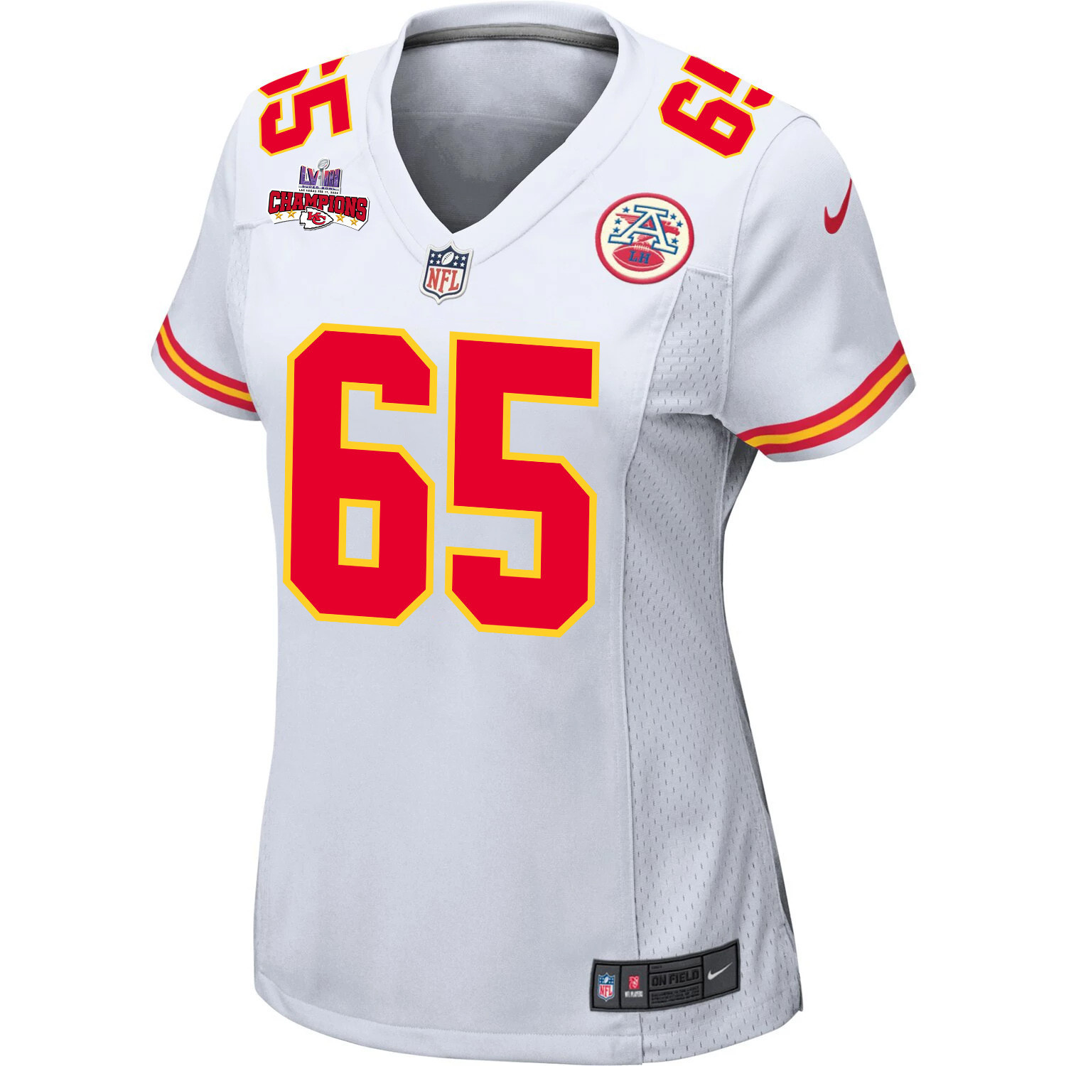 Trey Smith 65 Kansas City Chiefs Super Bowl LVIII Champions 4 Stars Patch Game White NFL Jersey Women's