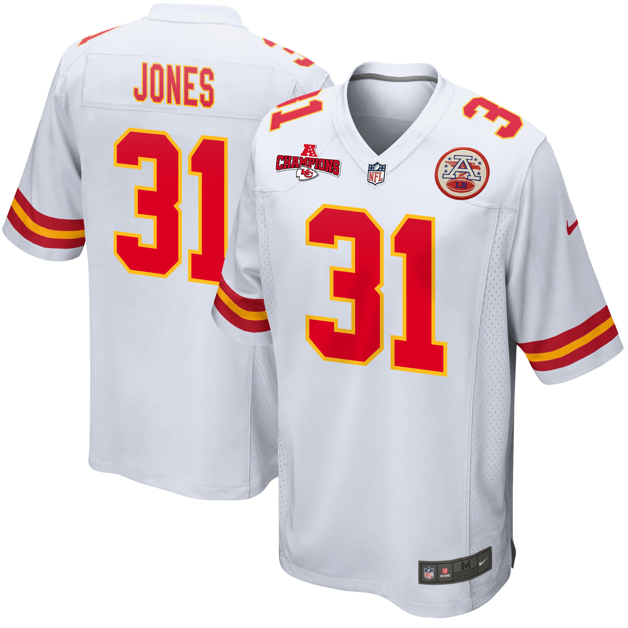 Nic Jones 31 Kansas City Chiefs AFC Champions Patch Game White NFL Jersey Men's