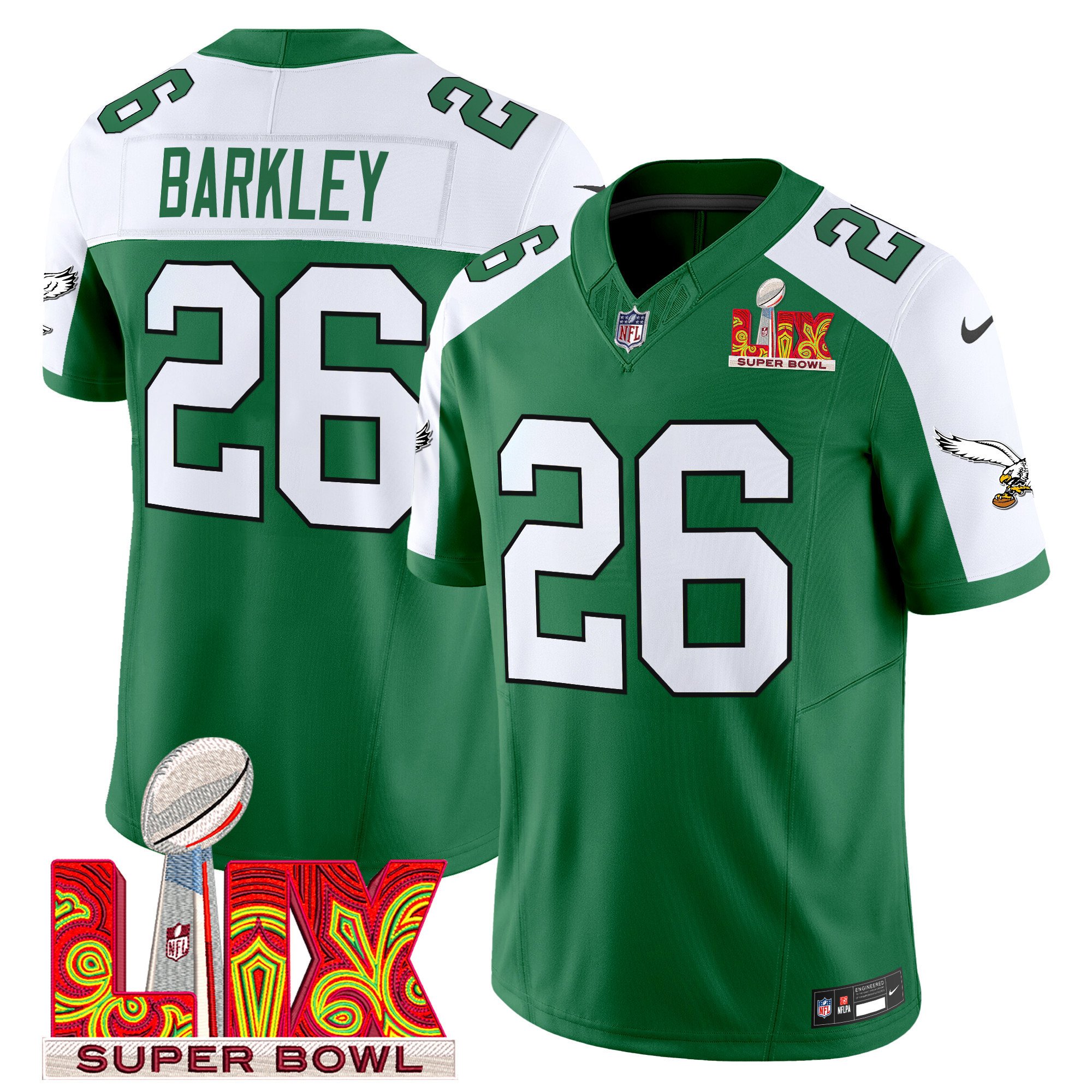 Saquon Barkley 26 Philadelphia Eagles Kelly Green Super Bowl Champions LIX Patch Vapor Limited Kelly Alternate NFL Jersey Men's