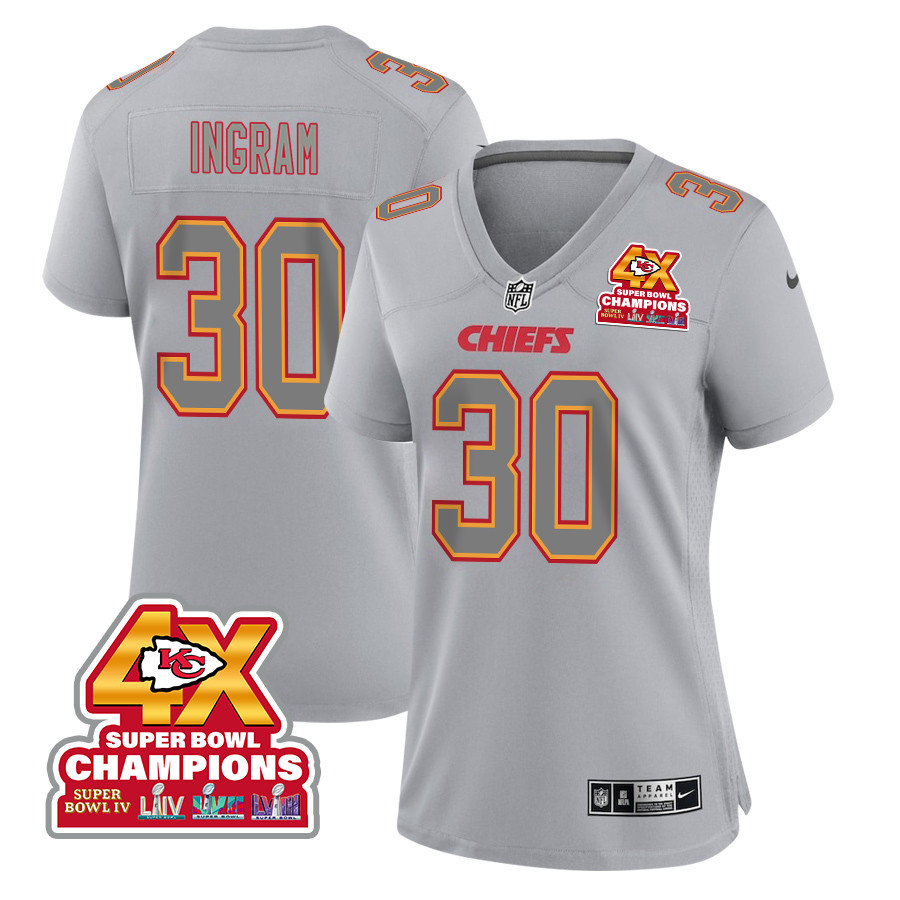 Keaontay Ingram 30 Kansas City Chiefs Super Bowl LVIII Champions 4X Atmosphere Fashion Game Gray NFL Jersey Women's