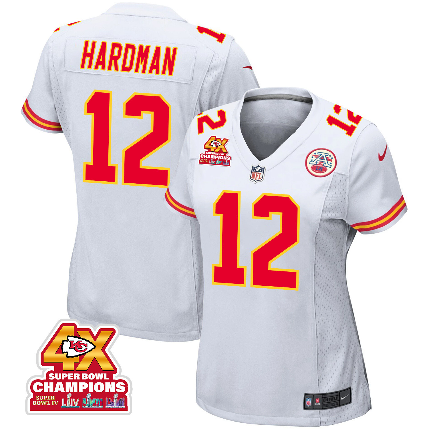Mecole Hardman 12 Kansas City Chiefs Super Bowl LVIII Champions 4X Game White NFL Jersey Women's