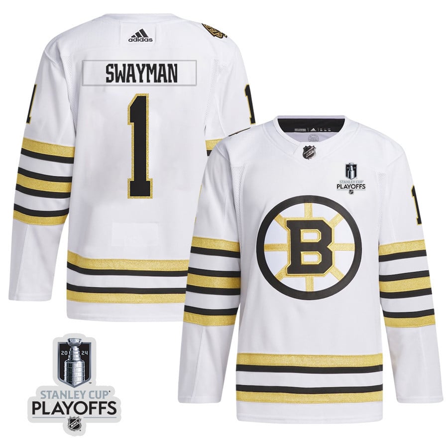 Jeremy Swayman 1 Boston Bruins 2024 Playoffs Patch Away White NHL Jersey Men's