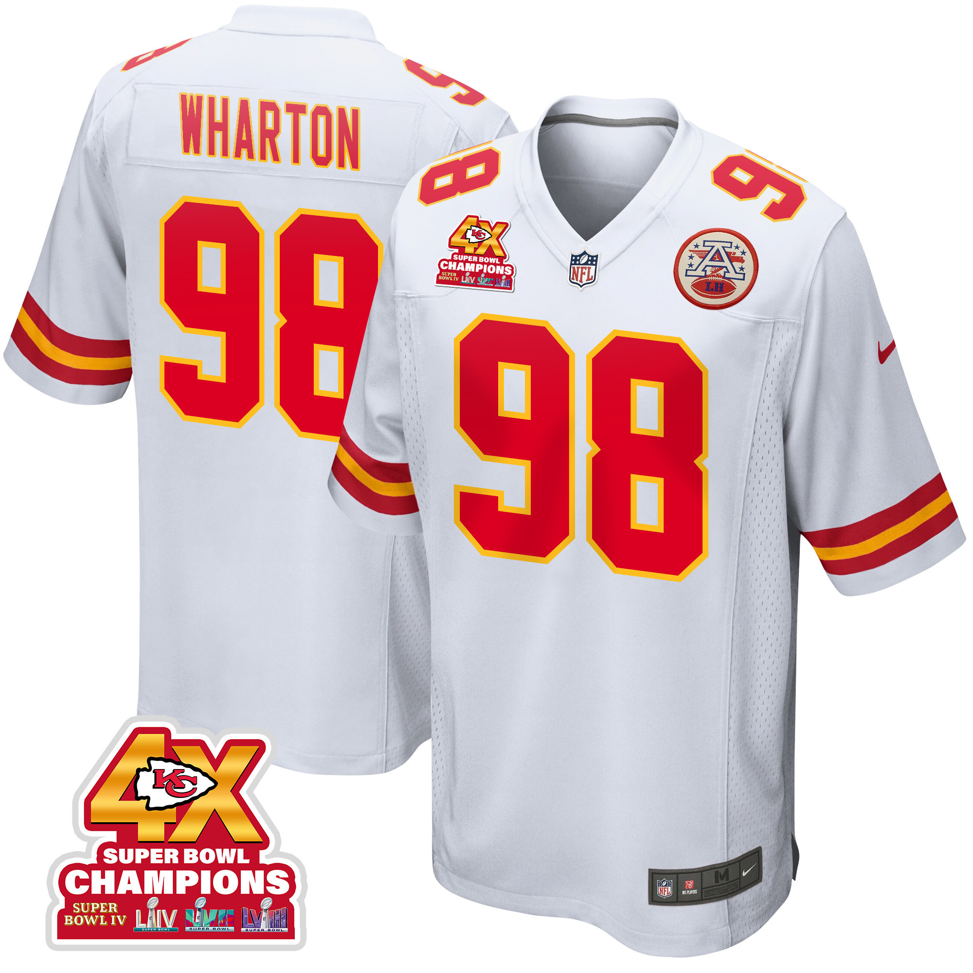 Tershawn Wharton 98 Kansas City Chiefs Super Bowl LVIII Champions 4X Game White NFL Jersey Men's
