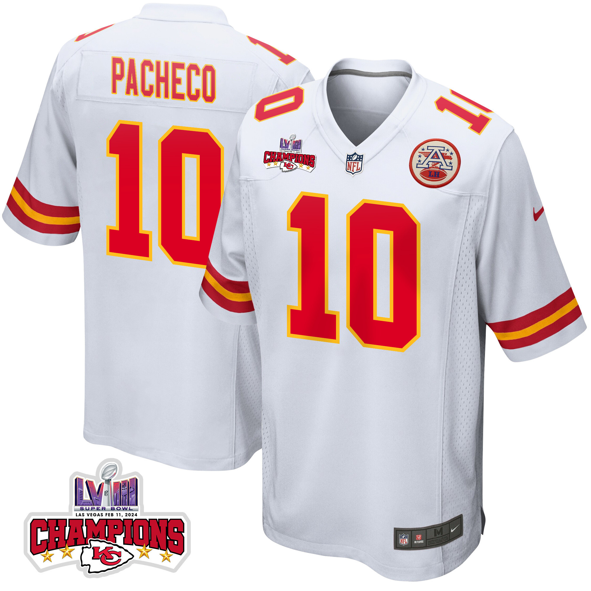 Isiah Pacheco 10 Kansas City Chiefs Super Bowl LVIII Champions 4 Stars Patch Game White NFL Jersey Men's