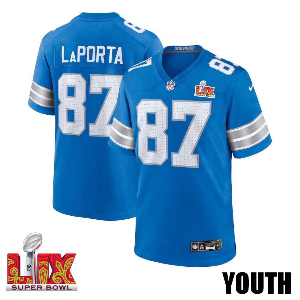 Sam LaPorta #87 Detroit Lions Super Bowl LIX Blue NFL Jersey Youth