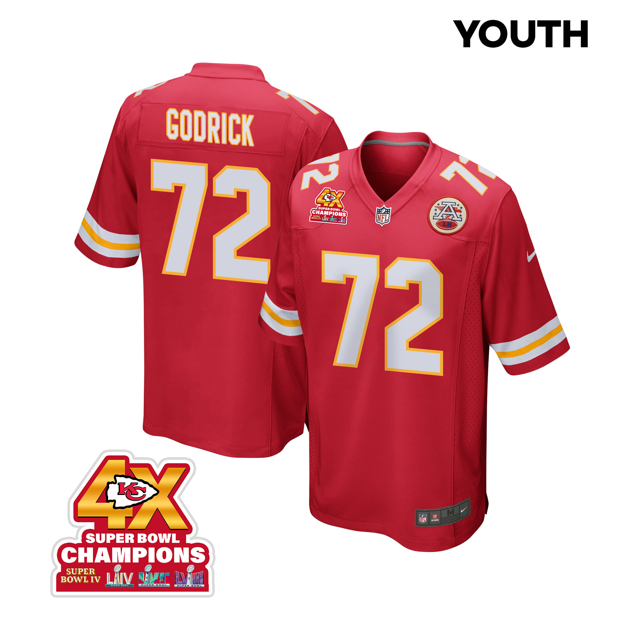 Chukwuebuka Godrick 72 Kansas City Chiefs Super Bowl LVIII Champions 4X Game Red NFL Jersey Youth