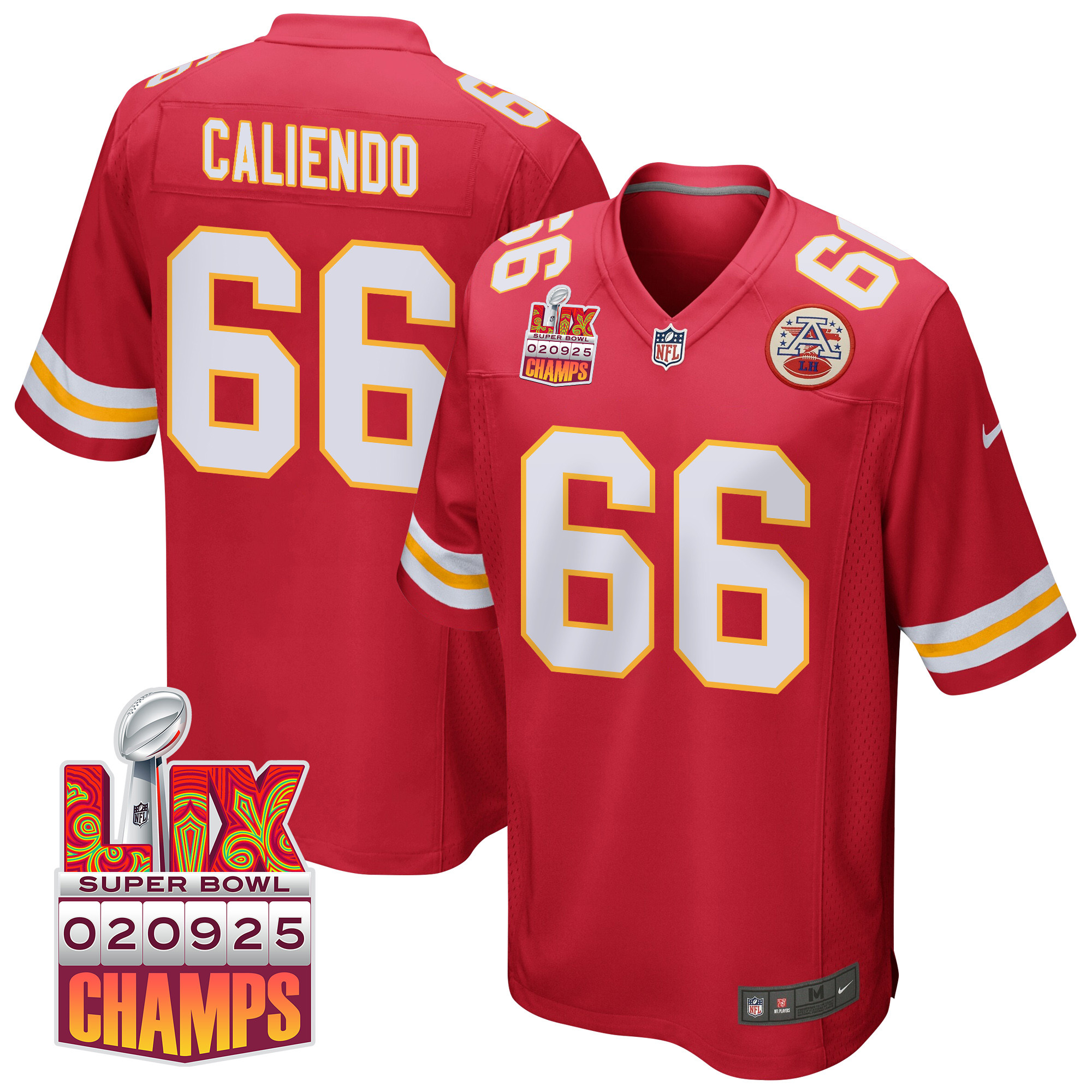 Mike Caliendo 66 Kansas City Chiefs Super Bowl LIX Champions Patch Game Red NFL Jersey Men's