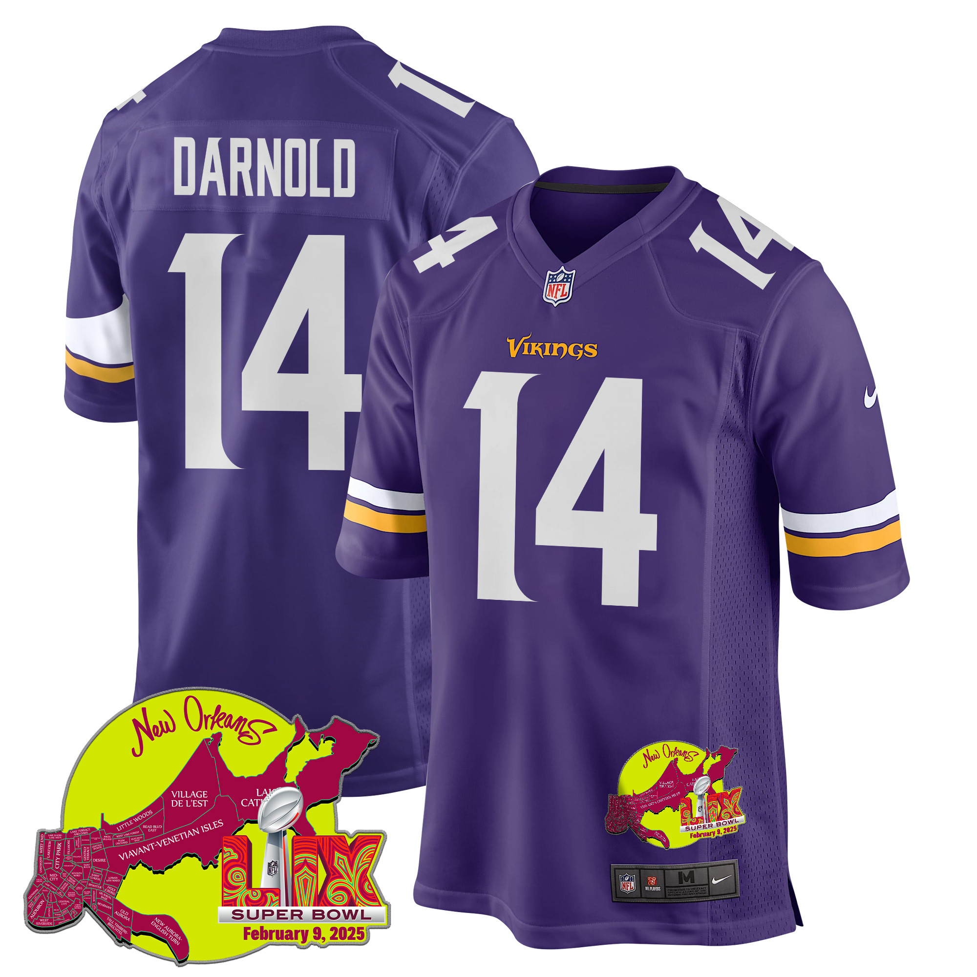 Sam Darnold 14 Minnesota Vikings Super Bowl LIX New Orleans Patch Game Purple NFL Jersey Men's