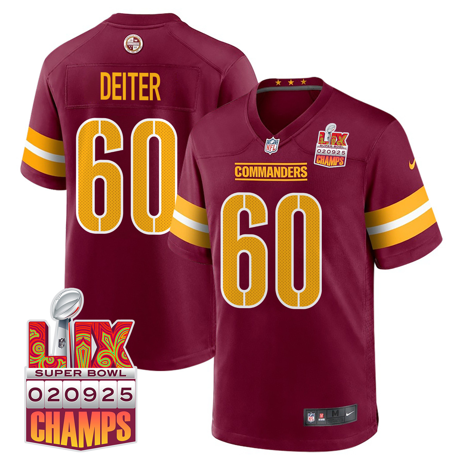Michael Deiter 60 Washington Commanders Super Bowl LIX Champions Patch Game Burgundy NFL Jersey Men's