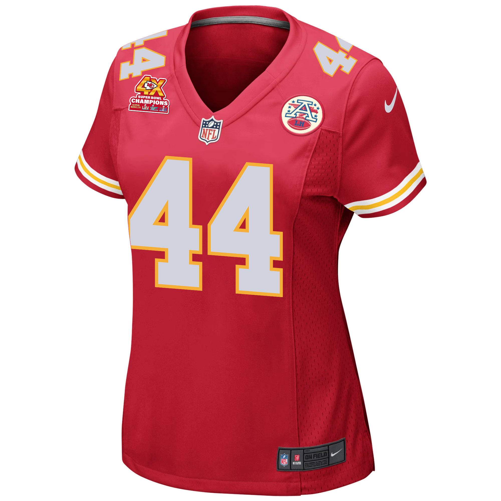 Cam Jones 44 Kansas City Chiefs Super Bowl LVIII Champions 4X Game Red NFL Jersey Women's