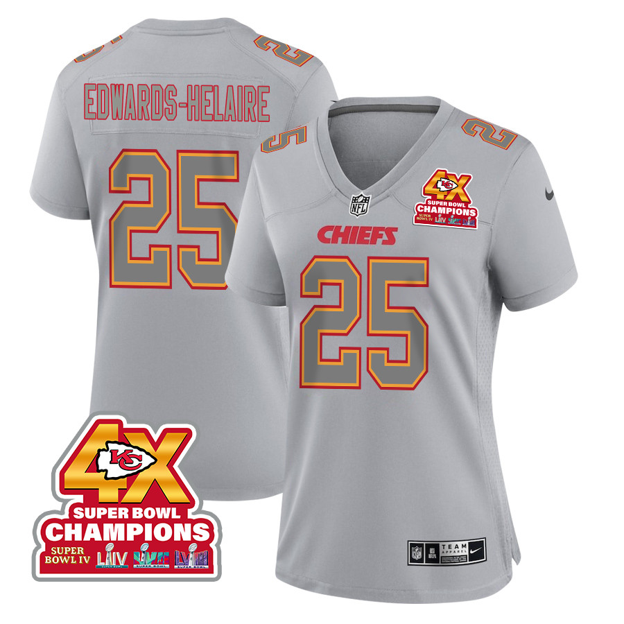 Clyde Edwards-Helaire 25 Kansas City Chiefs Super Bowl LVIII Champions 4X Atmosphere Fashion Game Gray NFL Jersey Women's