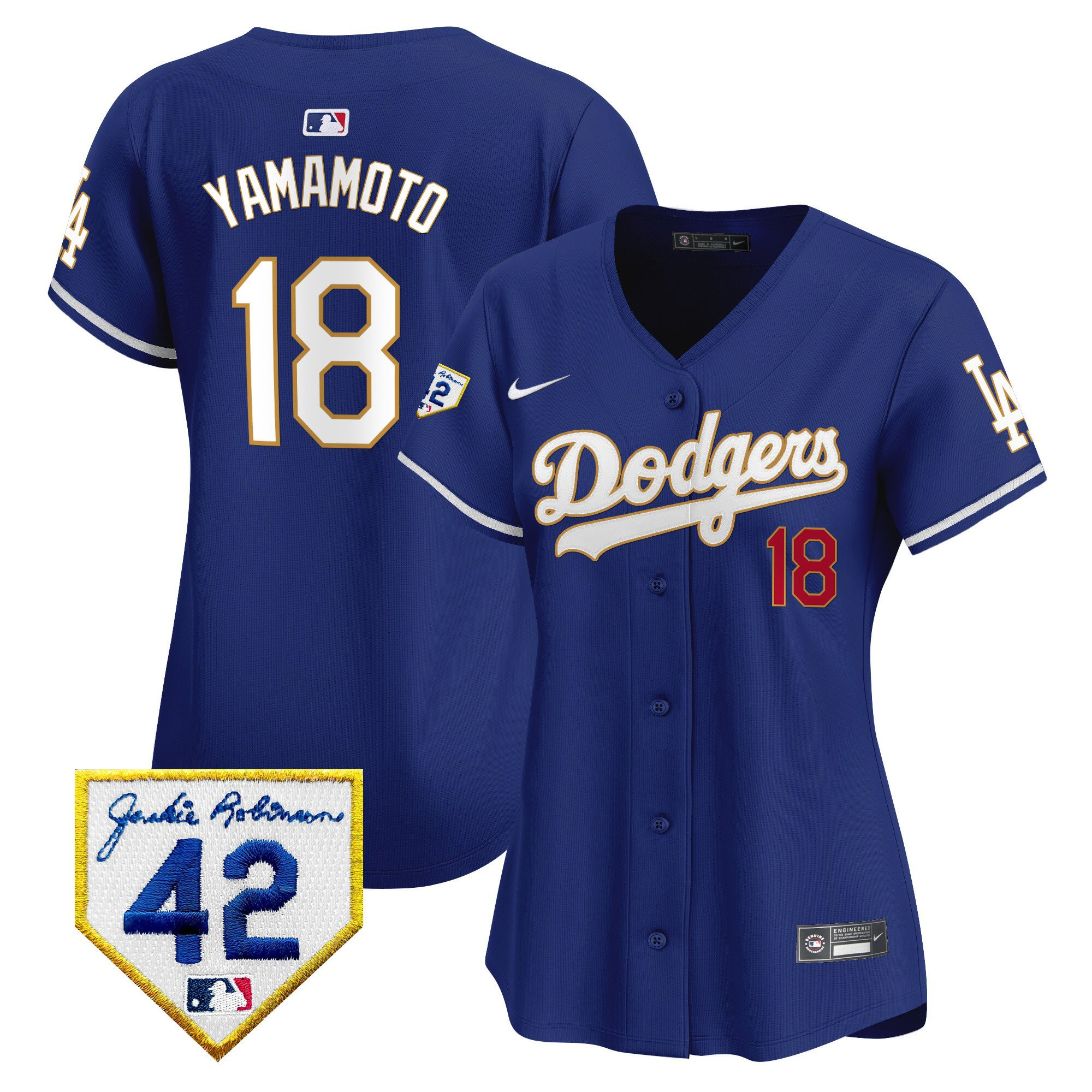 Yoshinobu Yamamoto 18 Los Angeles Dodgers 2024 Jackie Robinson Patch Royal MLB Jersey Women's