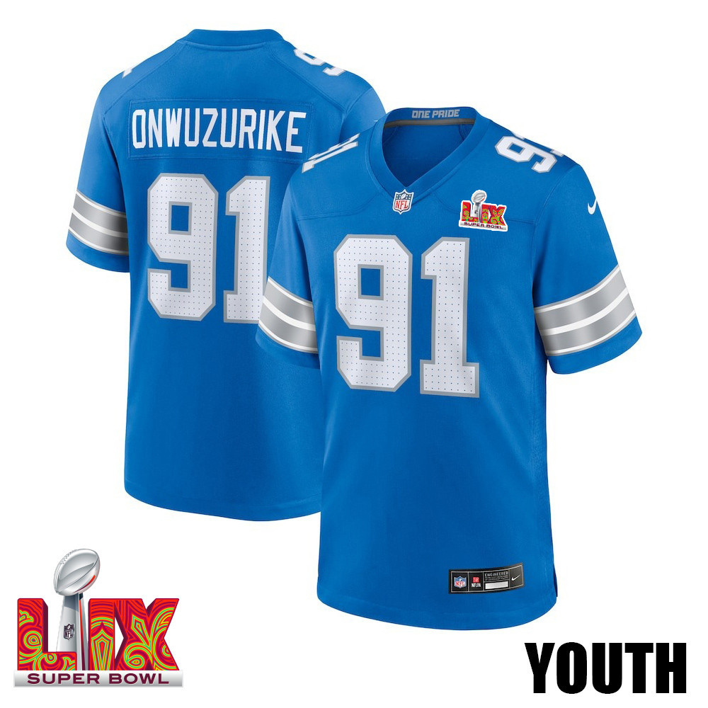 Levi Onwuzurike #91 Detroit Lions Super Bowl LIX Blue NFL Jersey Youth