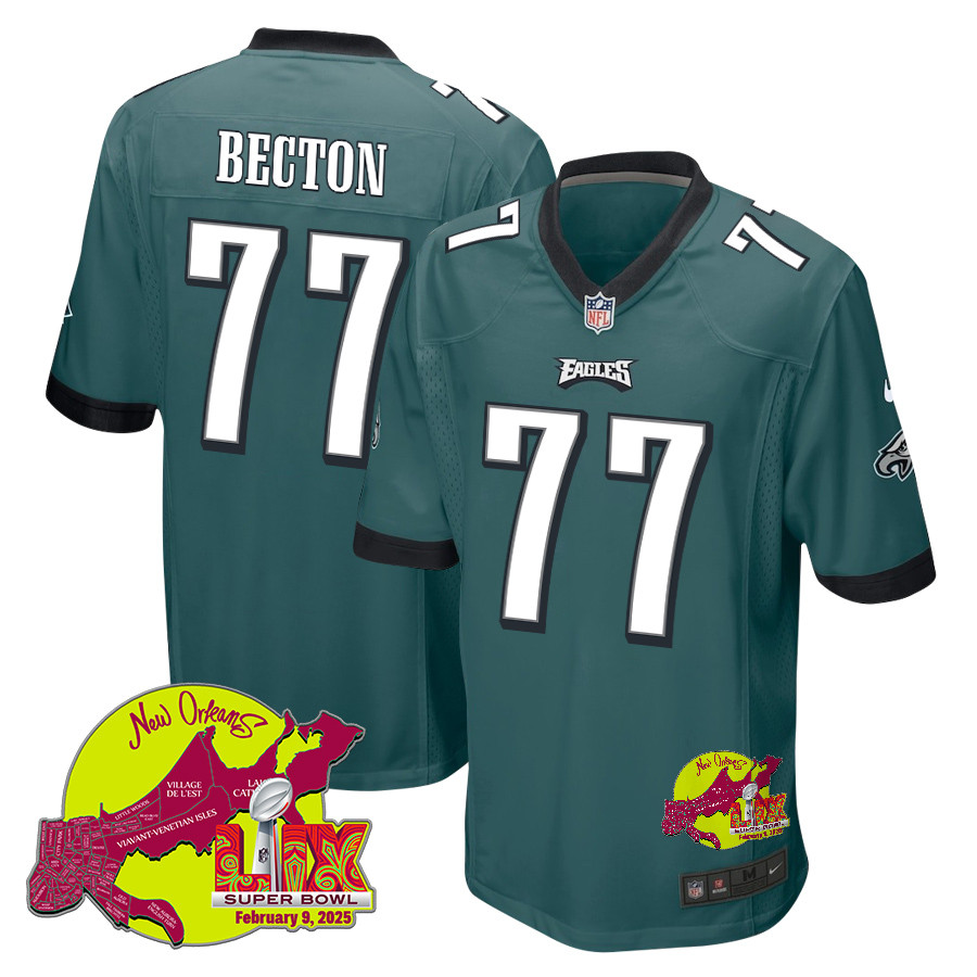 Mekhi Becton 77 Philadelphia Eagles Super Bowl LIX New Orleans Patch Game Midnight Green NFL Jersey Men's