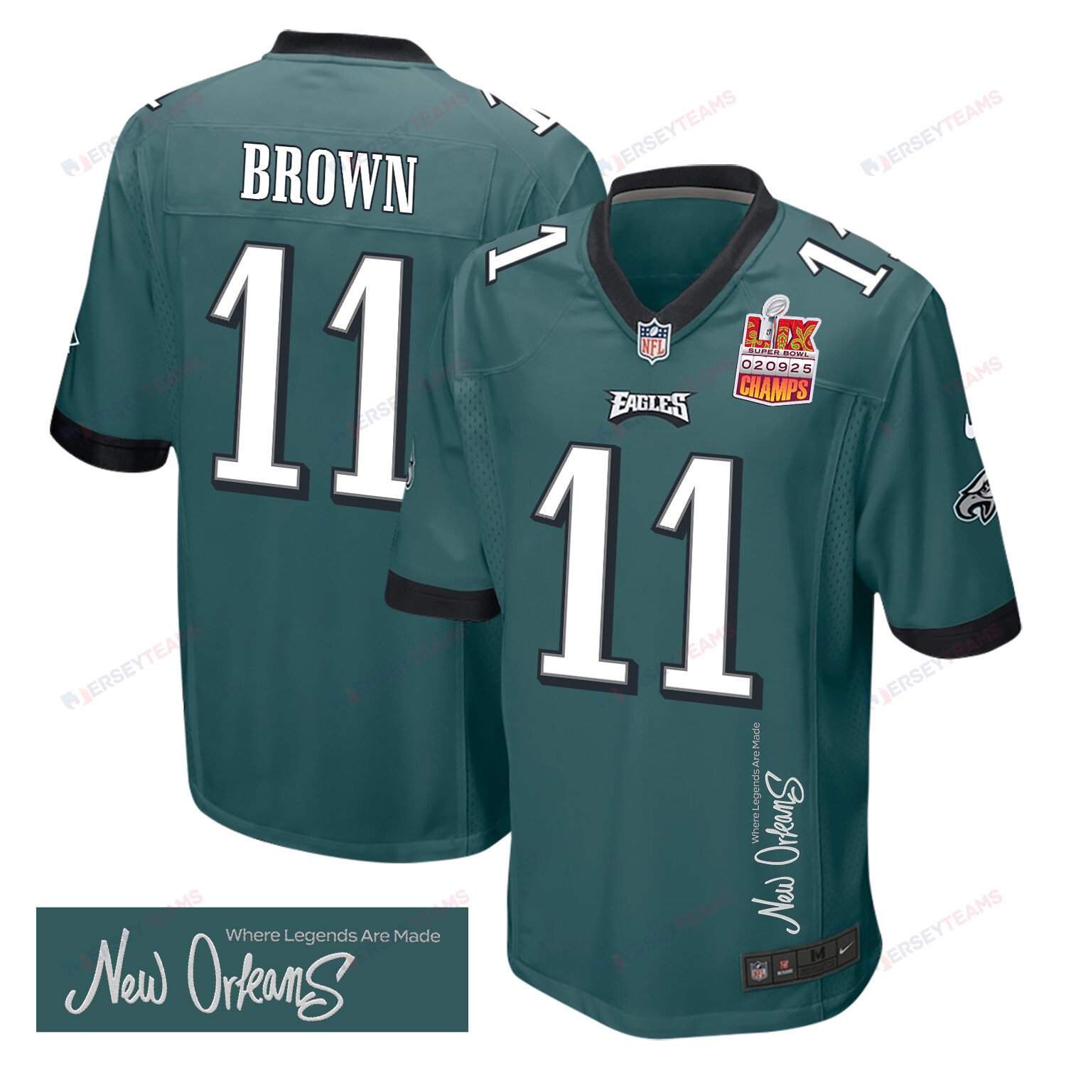 A.J. Brown 11 Philadelphia Eagles Super Bowl LIX Champions Patch New Orleans Where Legends Are Made' EMBROIDERED Game Midnight Green NFL Jersey Men's