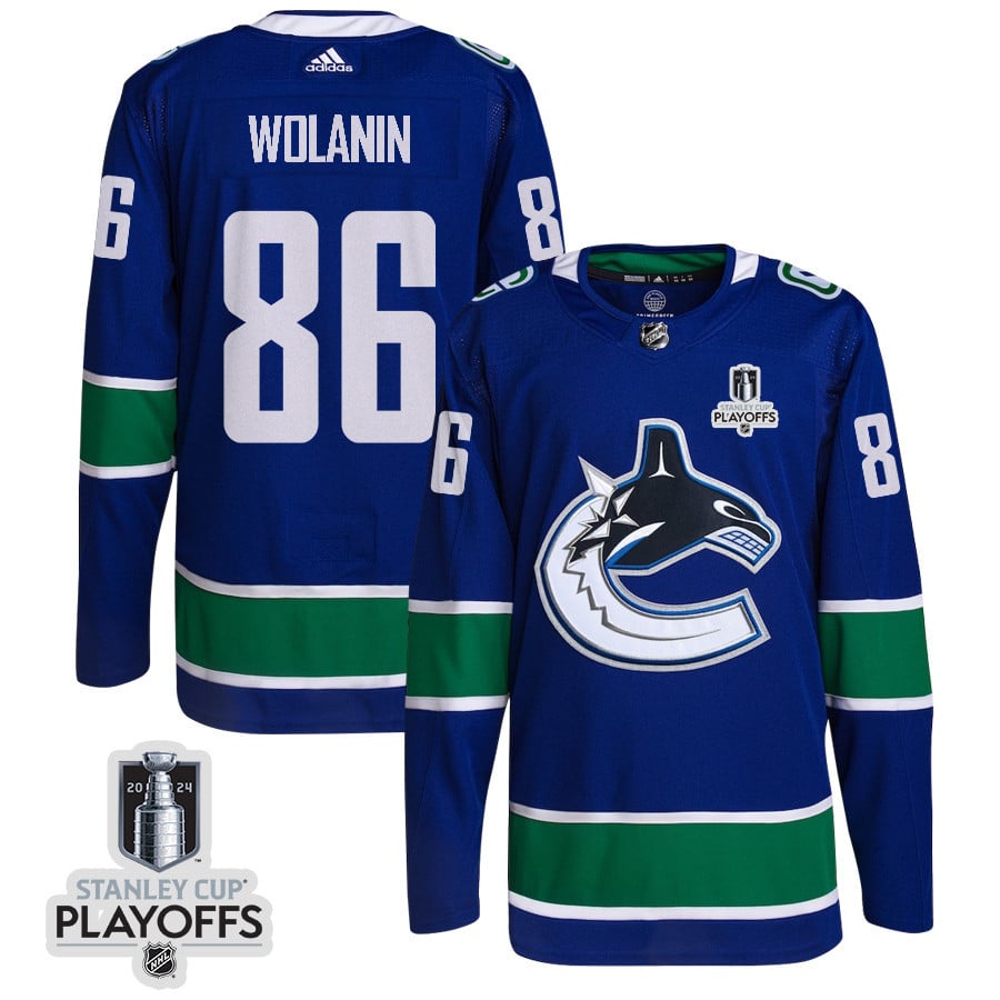 Christian Wolanin 86 Vancouver Canucks 2024 Playoffs Patch Home Blue NHL Jersey Men's